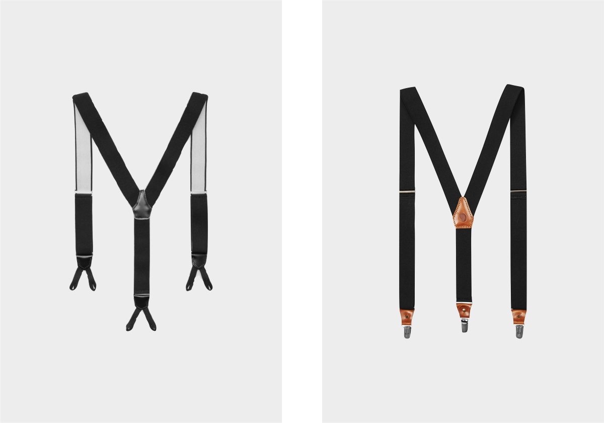 Suspensórios em elastano, € 29,99, Mango; suspensórios Trekking, € 69,95, Fjallraven.
