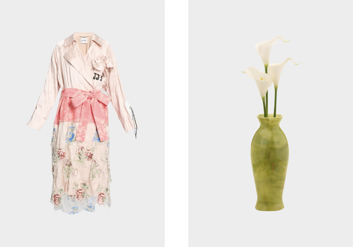 Gabardine em cetim, € 4.595, Erdem; clutch Florence, € 575, Cult Gaia.