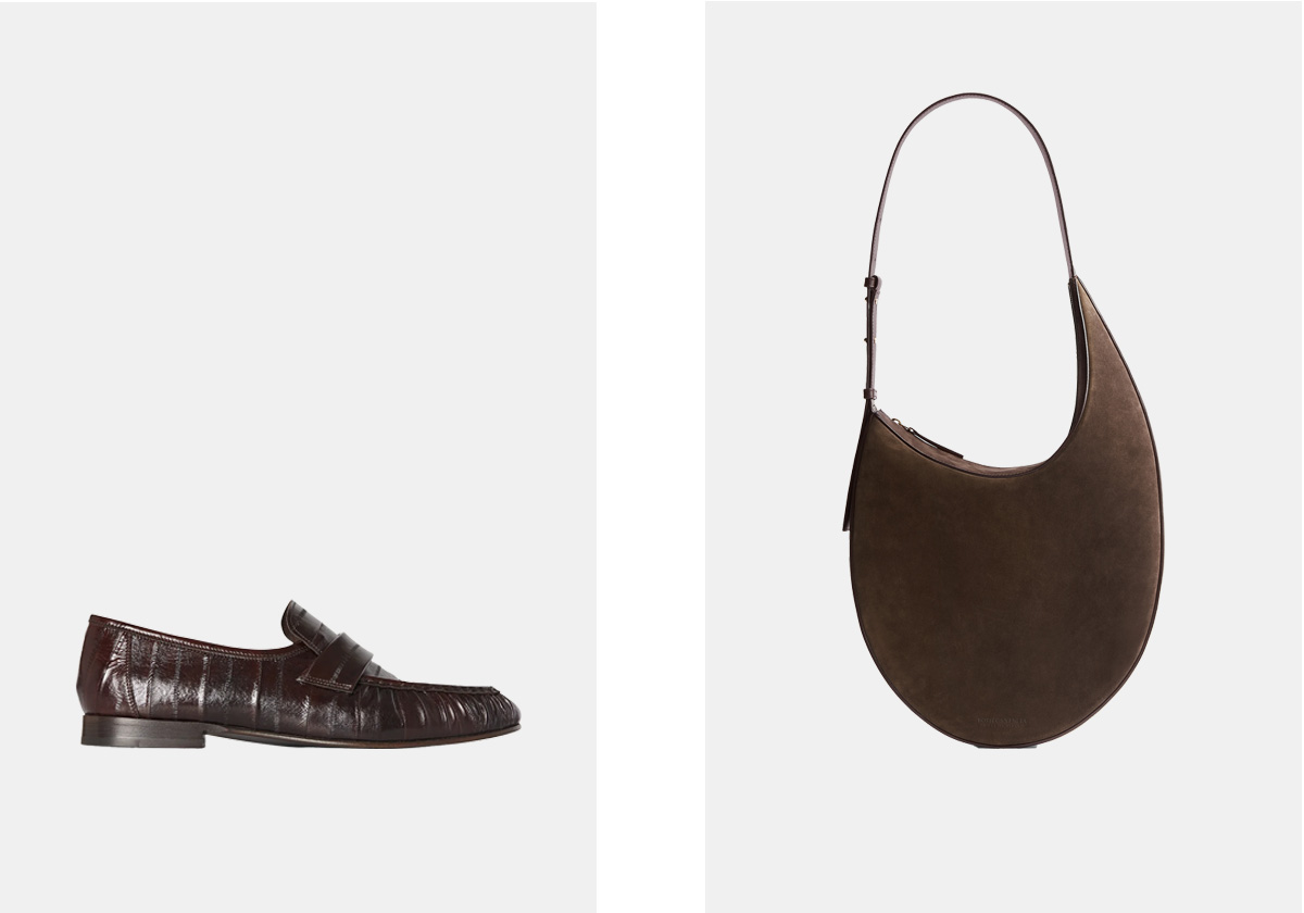 Sapatos em pele, € 1.330, The Row; Carteira em pele, € 2.600, Bottega Veneta.
