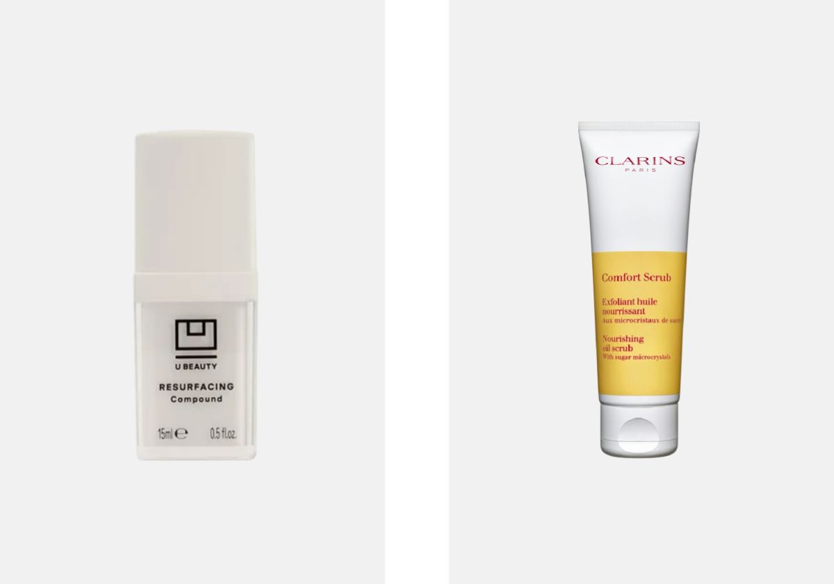 À esquerda: Sérum esfoliante Resurfacing Compound, €97,10, U Beauty, em cultbeauty.com. À direita: Esfoliante Nutritivo Comfort Scrub, €36, Clarins, em skin.pt.
