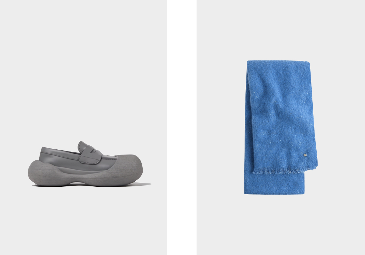 Loafers Caramba em pele, € 290, Camper Lab; cachecol com lantejoulas, € 17,99, Parfois.