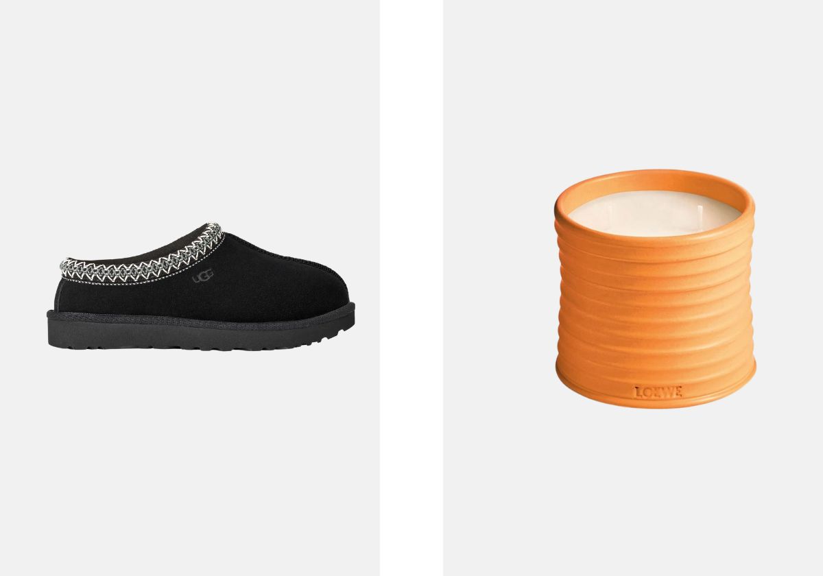 À esquerda: Sapatos Tasman II, €145, UGG. À direita: Vela aromática Orange Blossom, €100, Loewe.