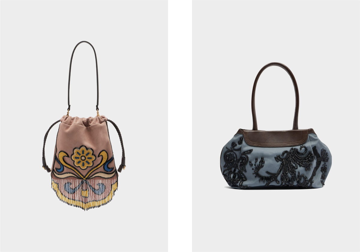 Kalispera Small, € 1.390, Etro, em mytheresa.com; em algodão, € 1.095, Dries Van Noten, em mytheresa.com