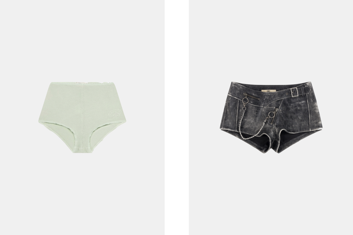 Calções em algodão, € 250, Blumarine; calções nihil Moto em pele, preço sob consulta, KNWLS.