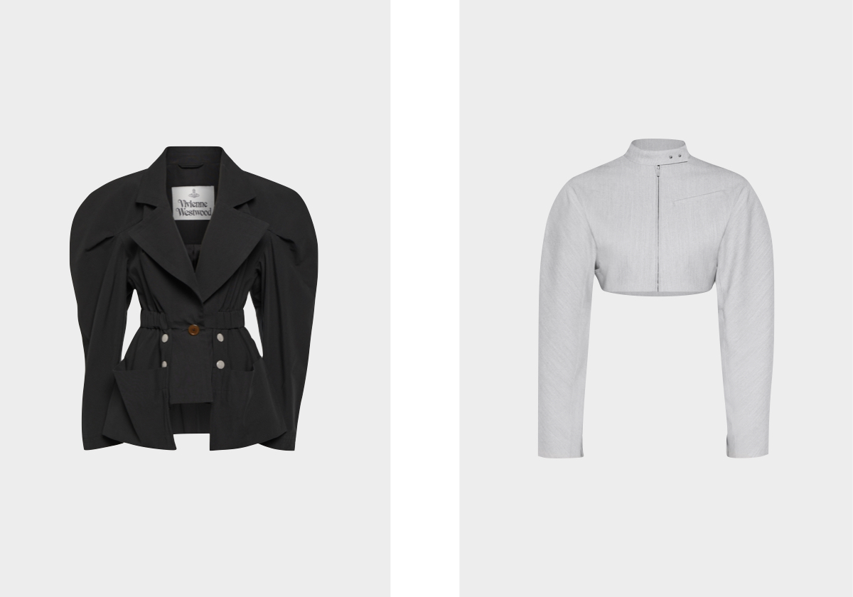 Blazer Jacques, € 1,130, Vivienne Westwood em mytheresa.com; casaco Cabrio LA CASA, € 1090, Jacquemus.