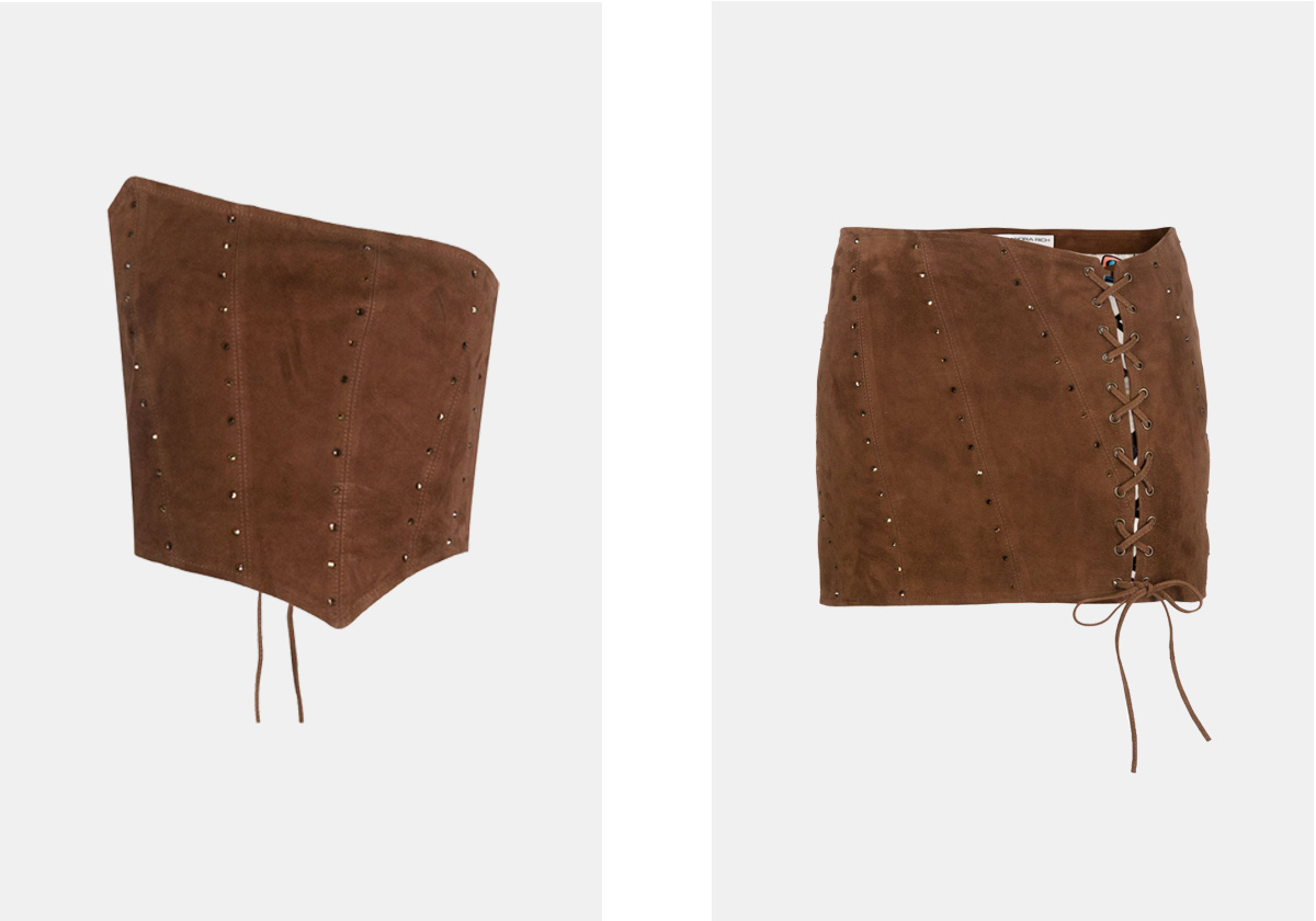 Top e saia em pele, € 1.046 e € 1.152, Alessandra Rich, em farfetch.com.