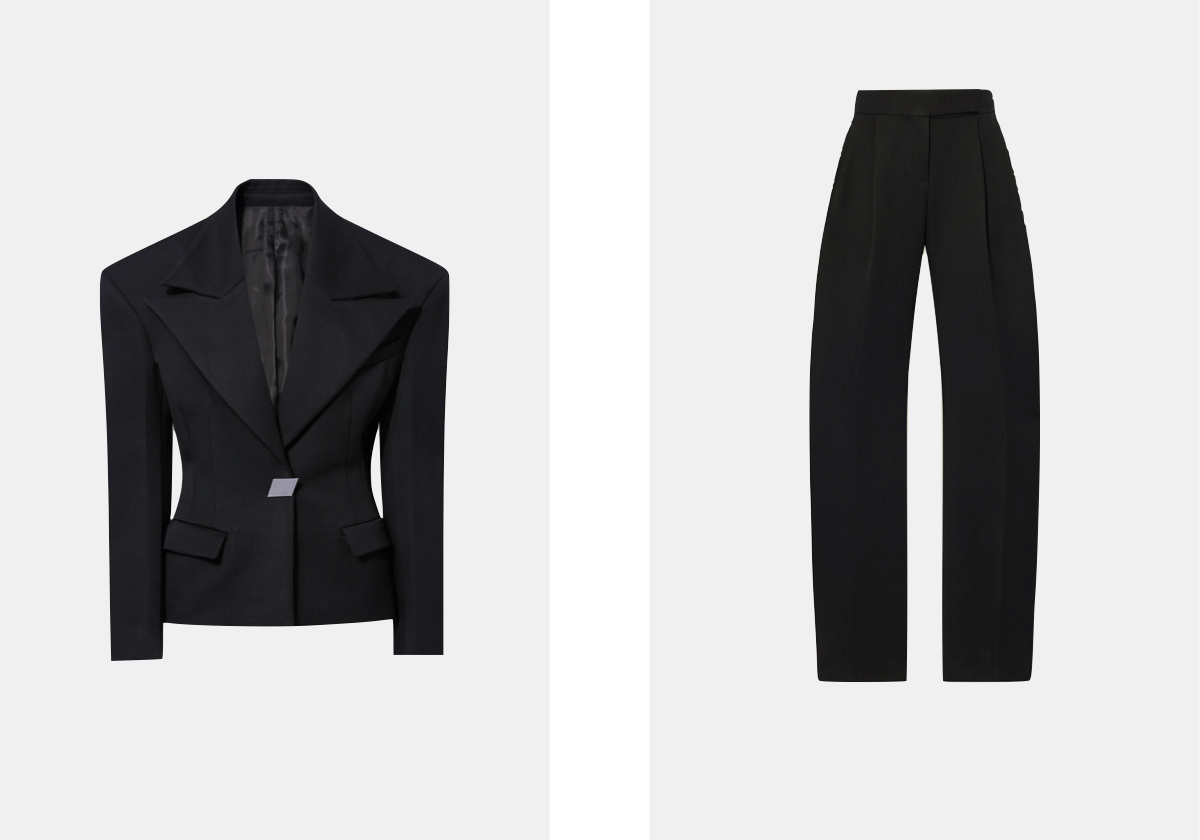 Blazer e calças em lã e poliamida, € 1.950 e € 1.090, The Attico.