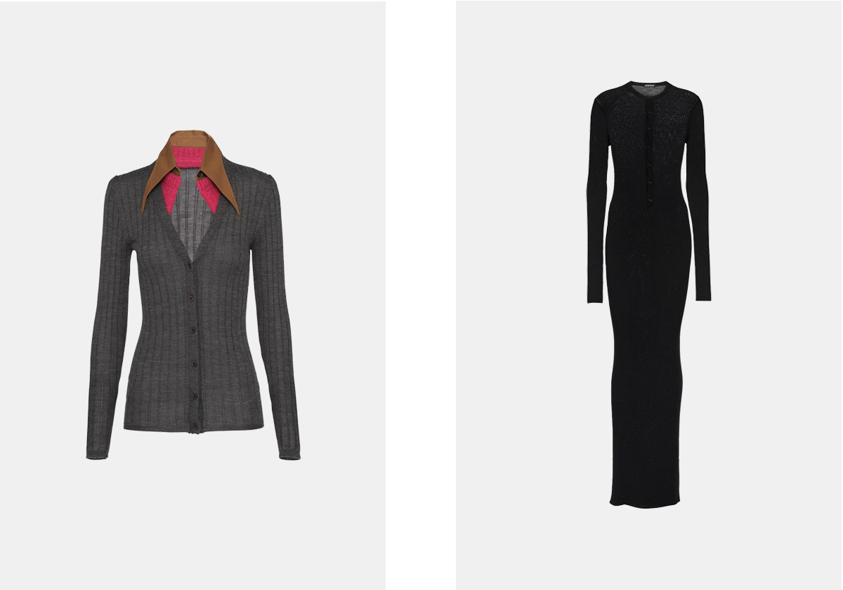 Camisola em caxemira e seda, € 1.950, Prada; Vestido em lã, € 990, Ann Demeulemeester.