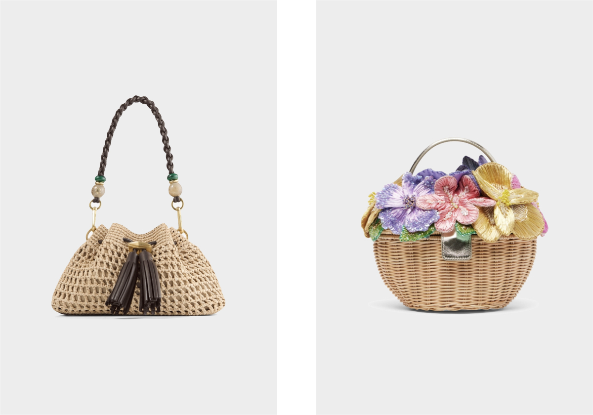 Cinch Small, € 1.250, Jimmy Choo; Dorothy em ráfia, € 1.445, Judith Leiber Couture, em mytheresa.com.