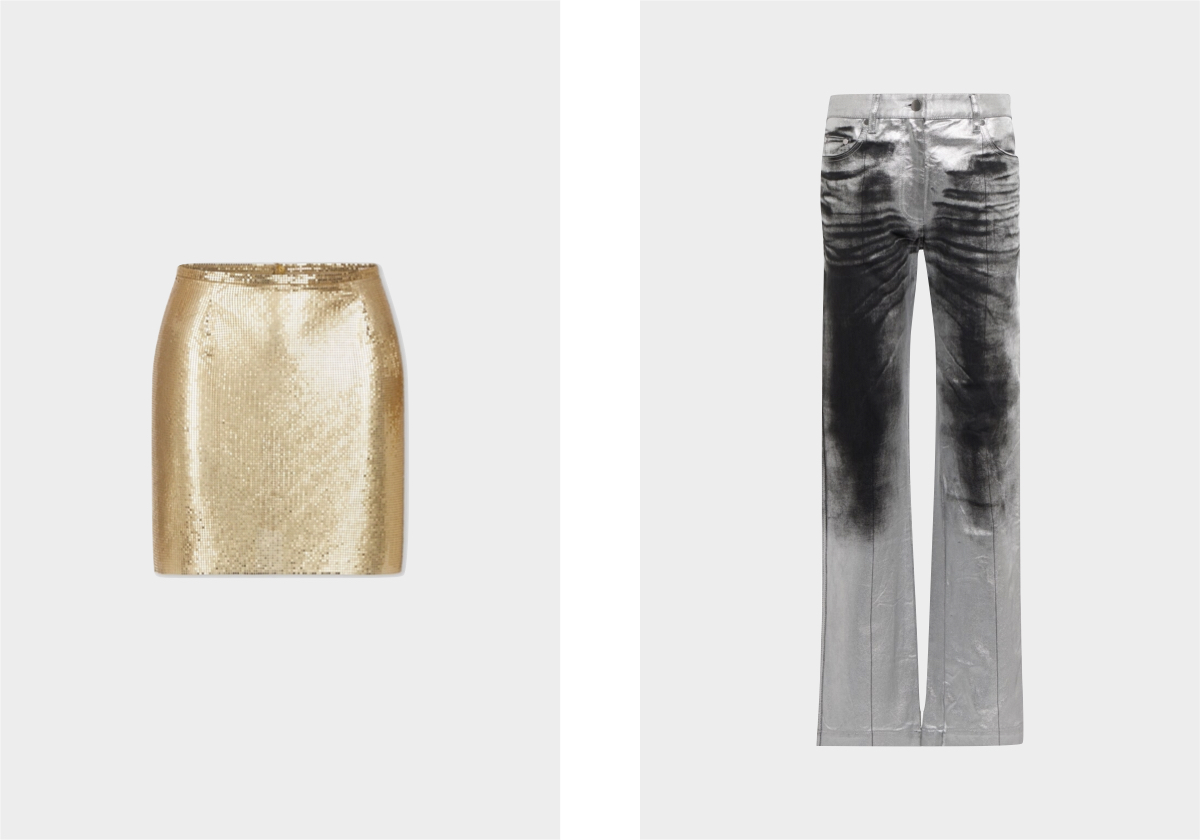 Saia em metal, € 1.790, Rabanne; calças em denim, € 780, Peter Do, em mytheresa.com.