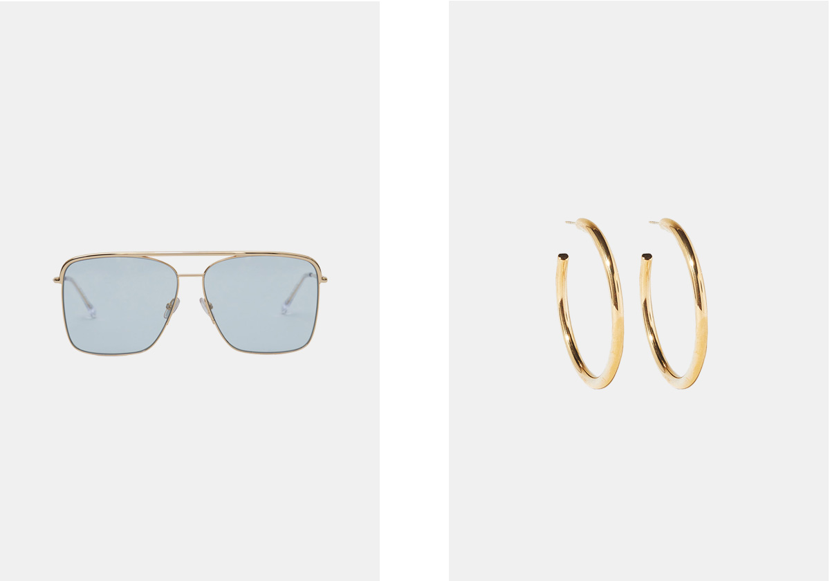 Óculos de sol Rocco, € 270, Isabel Marant; brincos em aço inoxidável, € 19,99, Parfois.