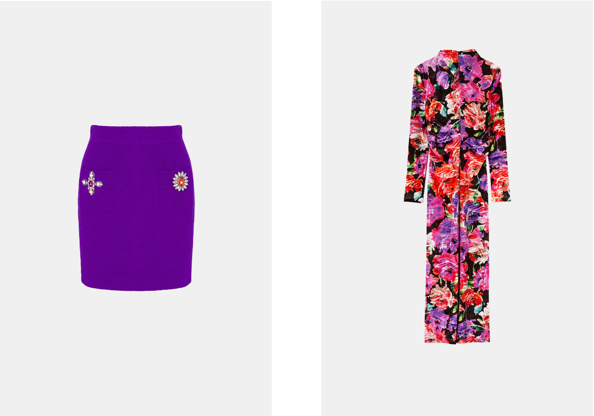 Saia em lã, € 595, Moschino; Vestido Blossom Hallucination, € 595, MSGM.