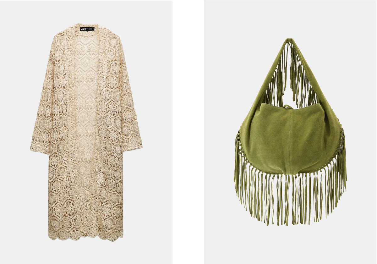 Quimono em algodão, € 59,95, Zara; carteira em pele, € 59,99, Parfois.