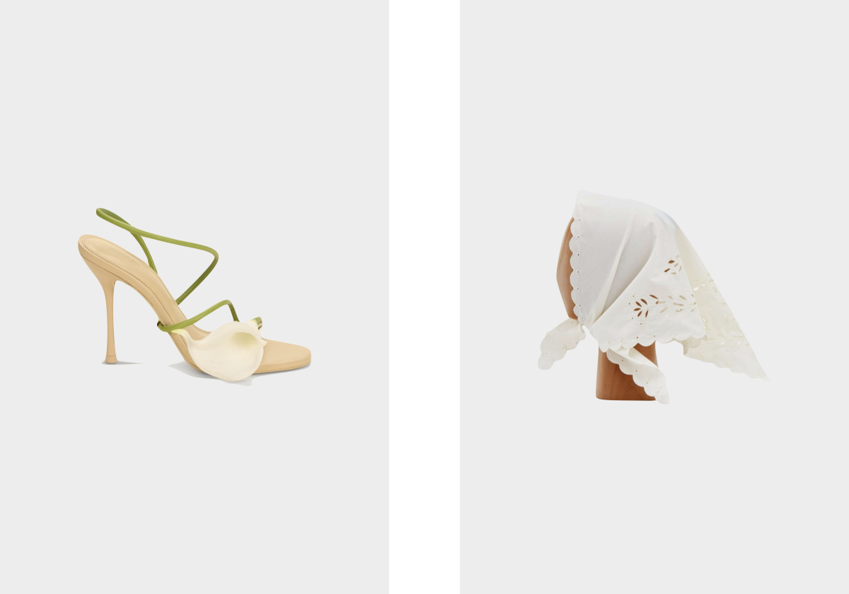 Sandálias Cassidy em pele, € 700, Cult Gaia; Lenço em algodão, € 112, Gunia Project.