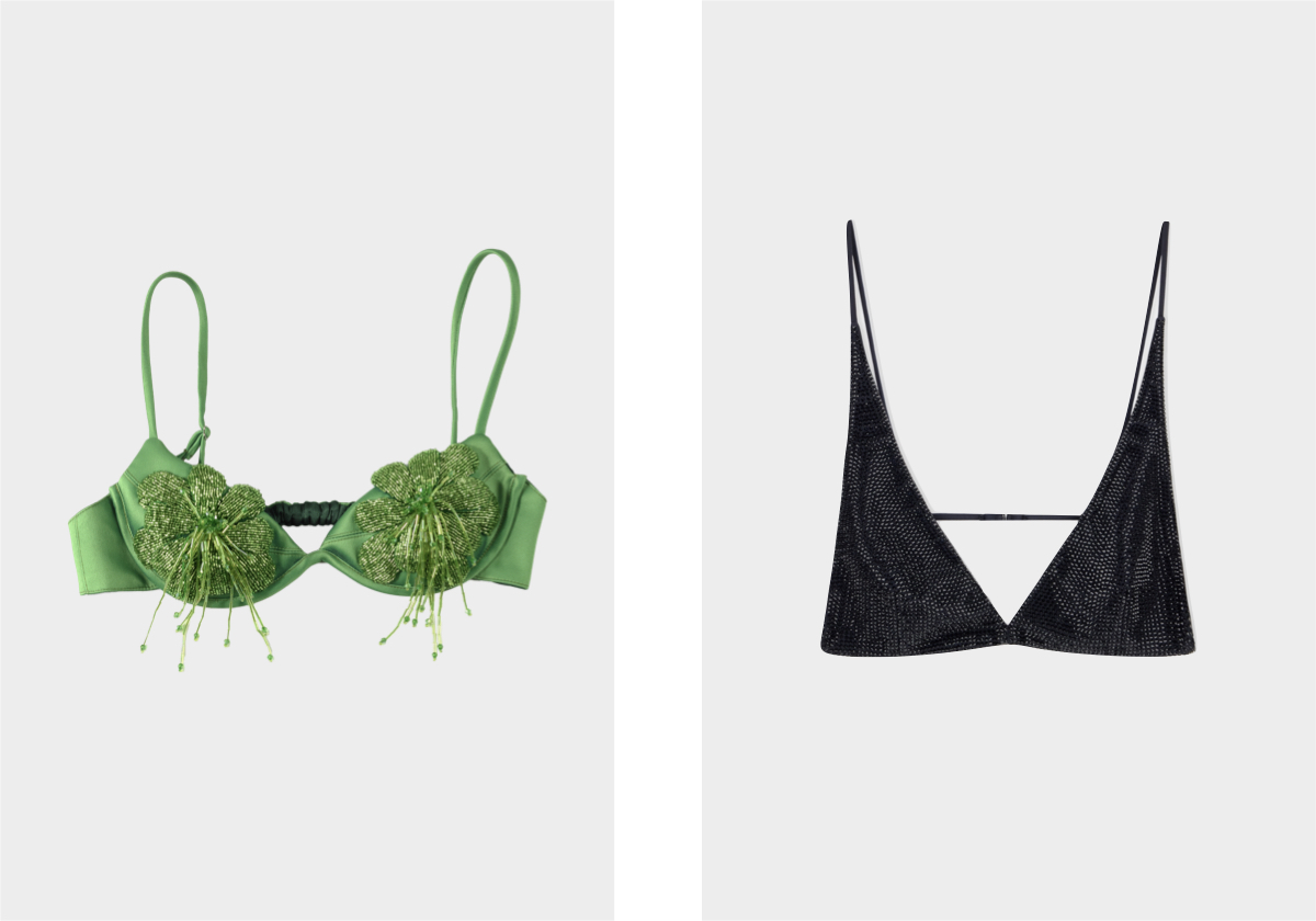 Bare Tip Satin, preço sob consulta, Fancì Club; Bralette top com cristais, € 430, Emporio Armani.