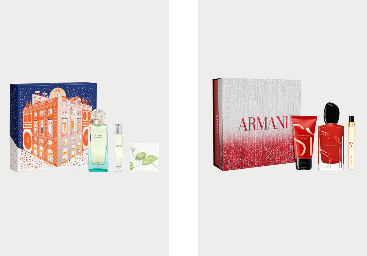 Coffret Un Jardin sur le Nil, €150,80, Hermès na Perfumes & Companhia; coffret Si, €177,40, Armani Beauty no El Corte Inglés .