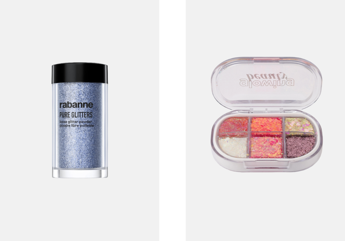 À esquerda: Glitter, €22,20, Rabanne, no El Corte Inglês. À direita: Paleta glitter biodegradável, €14,95, 1699, na Druni.