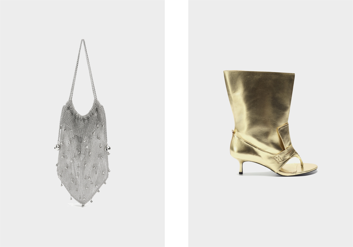 Carteira em metal, € 69,99, Parfois; sandálias botas em pele, preço sob consulta, Fancí Club.