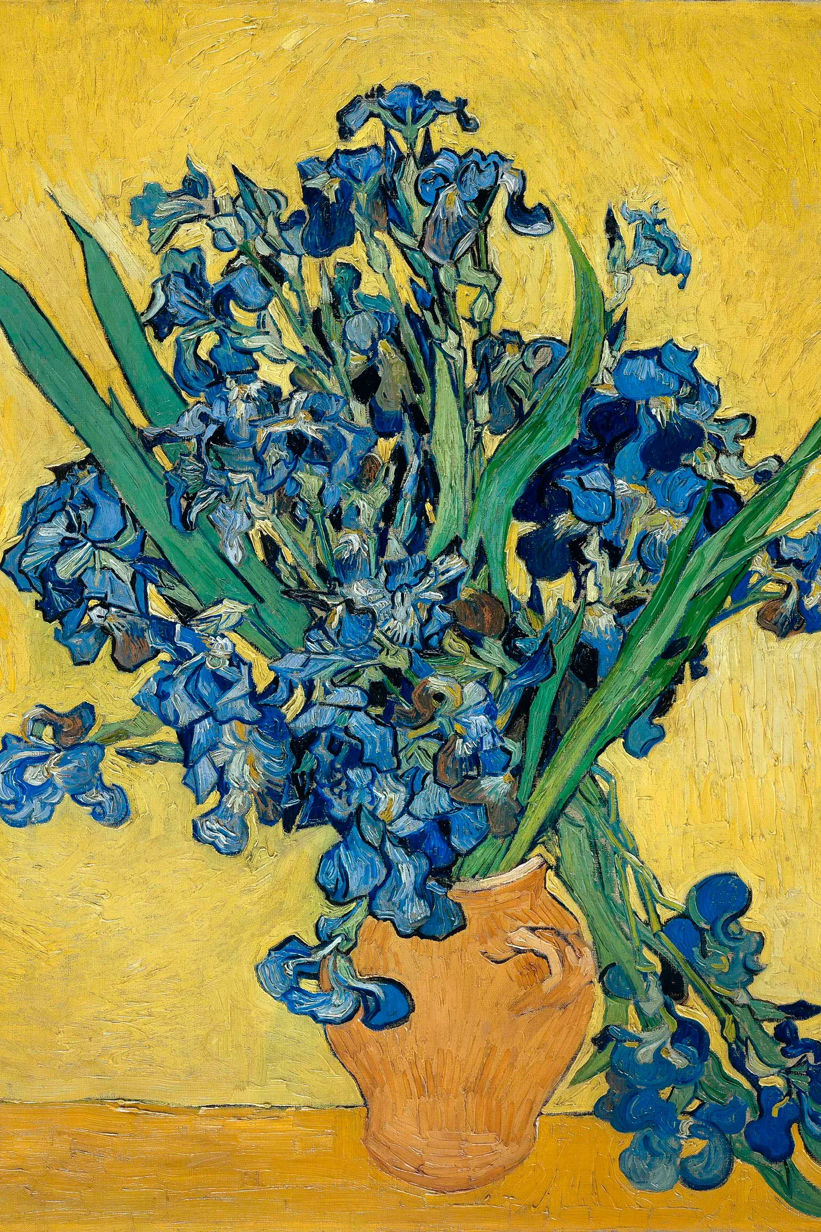 À esquerda: Yves Saint Laurent primavera/verão 1998. À direita: Íris, de Vincent van Gogh. 1890, óleo sobre tela, Museu Van Gogh, Amesterdão. 