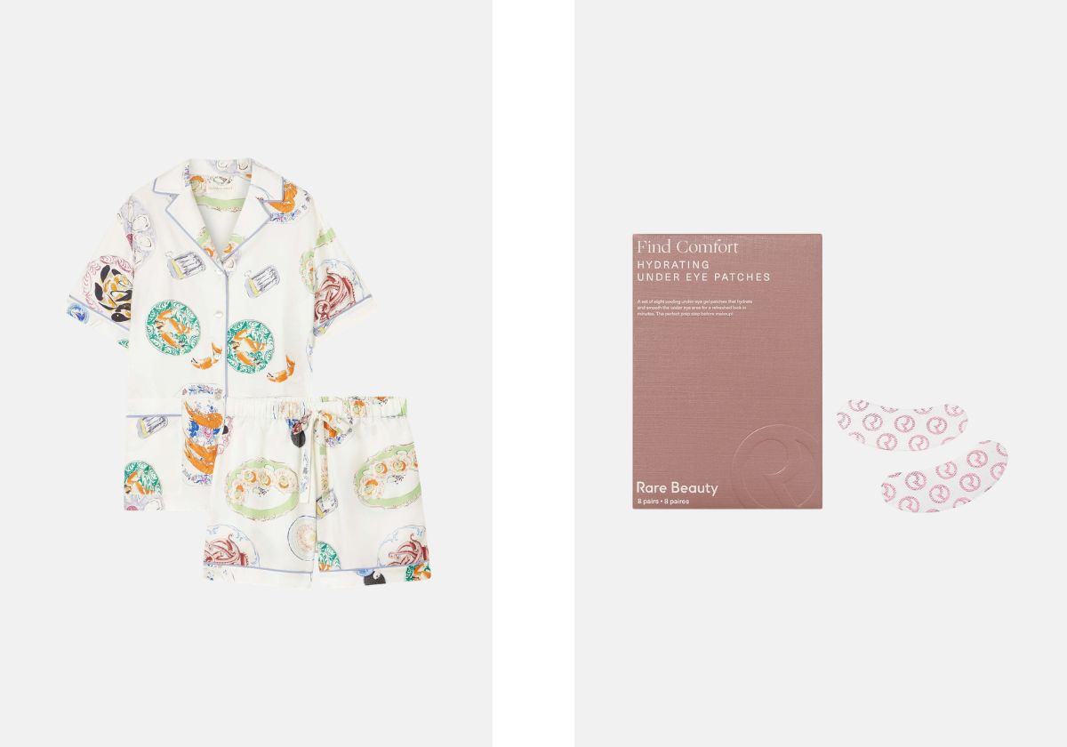 À esquerda: Conjunto de pijama em cetim de seda Ingo, €595, Olivia von Halle, em net-a-porter.com. À direita: Patches hidratantes para a zona dos olhos Find Comfort, €30, Rare Beauty, na Sephora.
