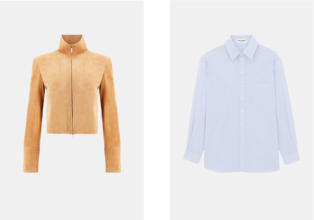 Casaco em pele, € 3.700, Ferragamo; Camisa Cassandre em algodão, € 850, Saint Laurent by Anthony Vaccarello