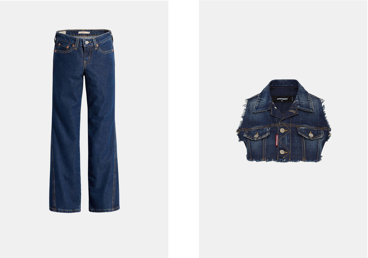 Calças Noughties em ganga, € 110, Levi's; colete em ganga, € 420, DSquared2.