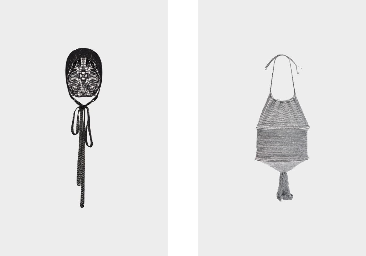 Bonnet em crechê, € 825, Madga Butrym; carteira em lurex, €79,99, Mango x Supriya Lele.