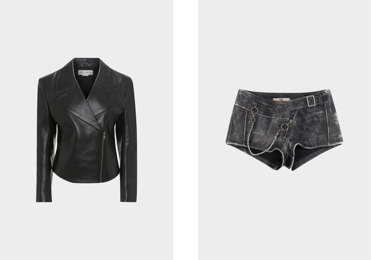 Casaco Biker em pele, € 2.050, Victoria Beckham; calções Nihil em pele, € 1.340,95, KNWLS.