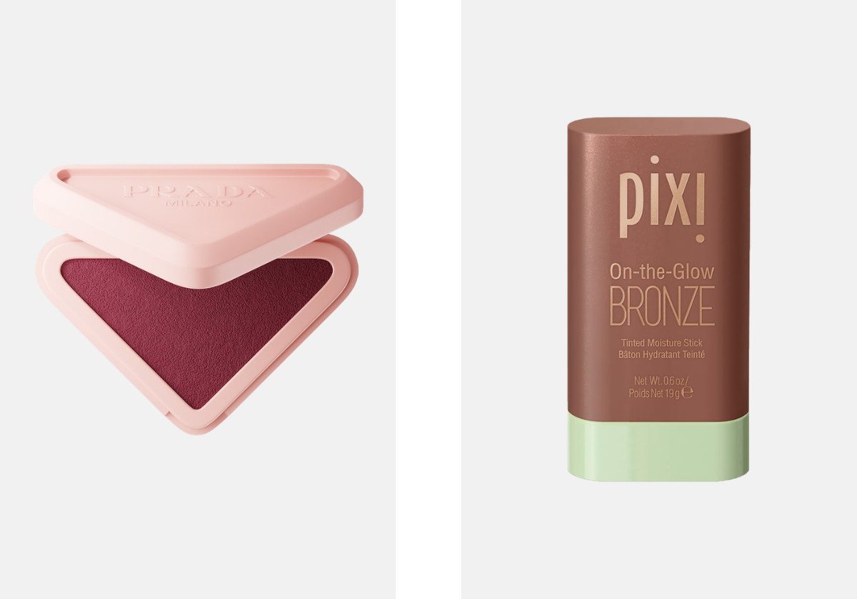 À esquerda: Blush, €45, Prada, na Sephora. À direita: Bronzer em stick, €28, Pixi, na Sephora.