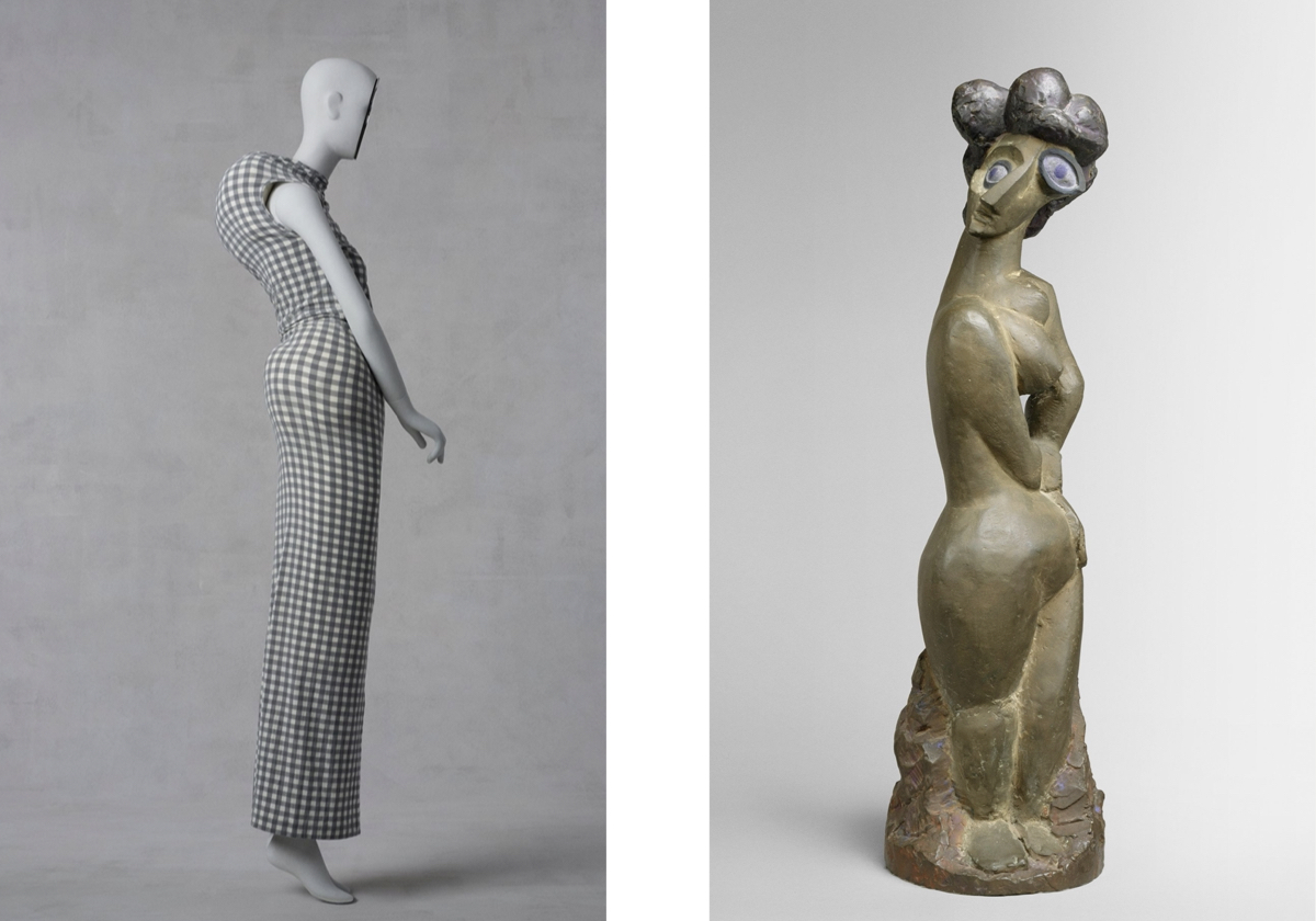 Esquerda: Conjunto da coleção SS97, Rei Kawakubo, para Comme des Garçons. Direita: Figura em rotação, Max Weber, 1917; doação de Carl D. Lobell © Espólio de Max Weber.