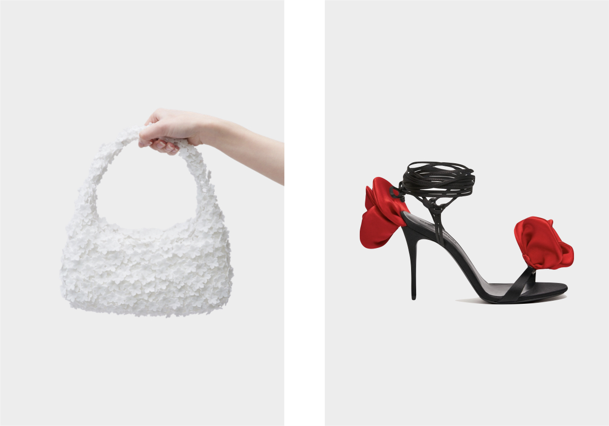 Carteira 3D printed, € 1.274,95, Susan Fang; sandálias em cetim, € 1.105, Magda Butrym.
