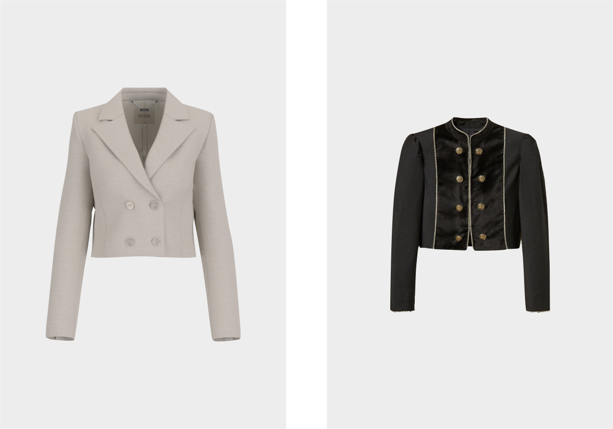 Blazer, € 140, Guess; em veludo e lã, € 665, Twinset.
