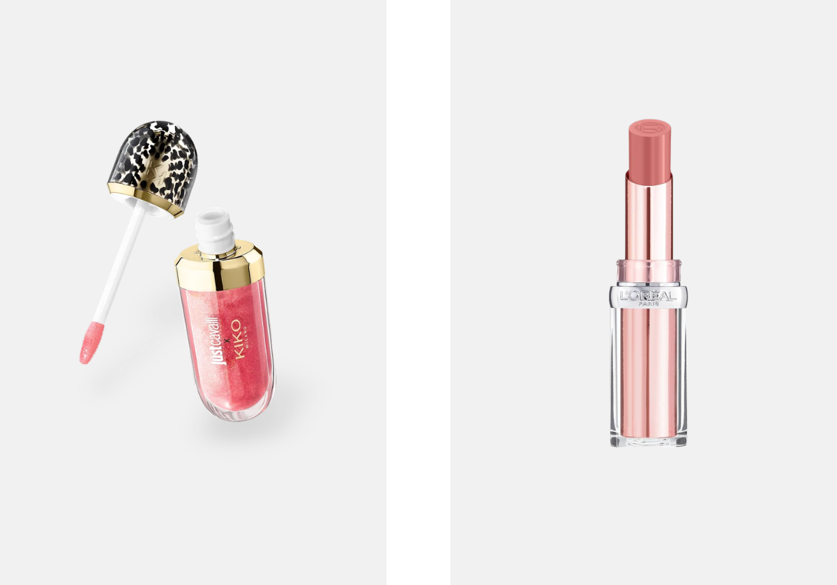 À esquerda: Gloss de lábios 3D Hydra Rebel Edition, €16,99, Kiko Milano. À direita: Batom Color Riche Glow Paradise, €11,99, L'Oréal Paris, na Wells.