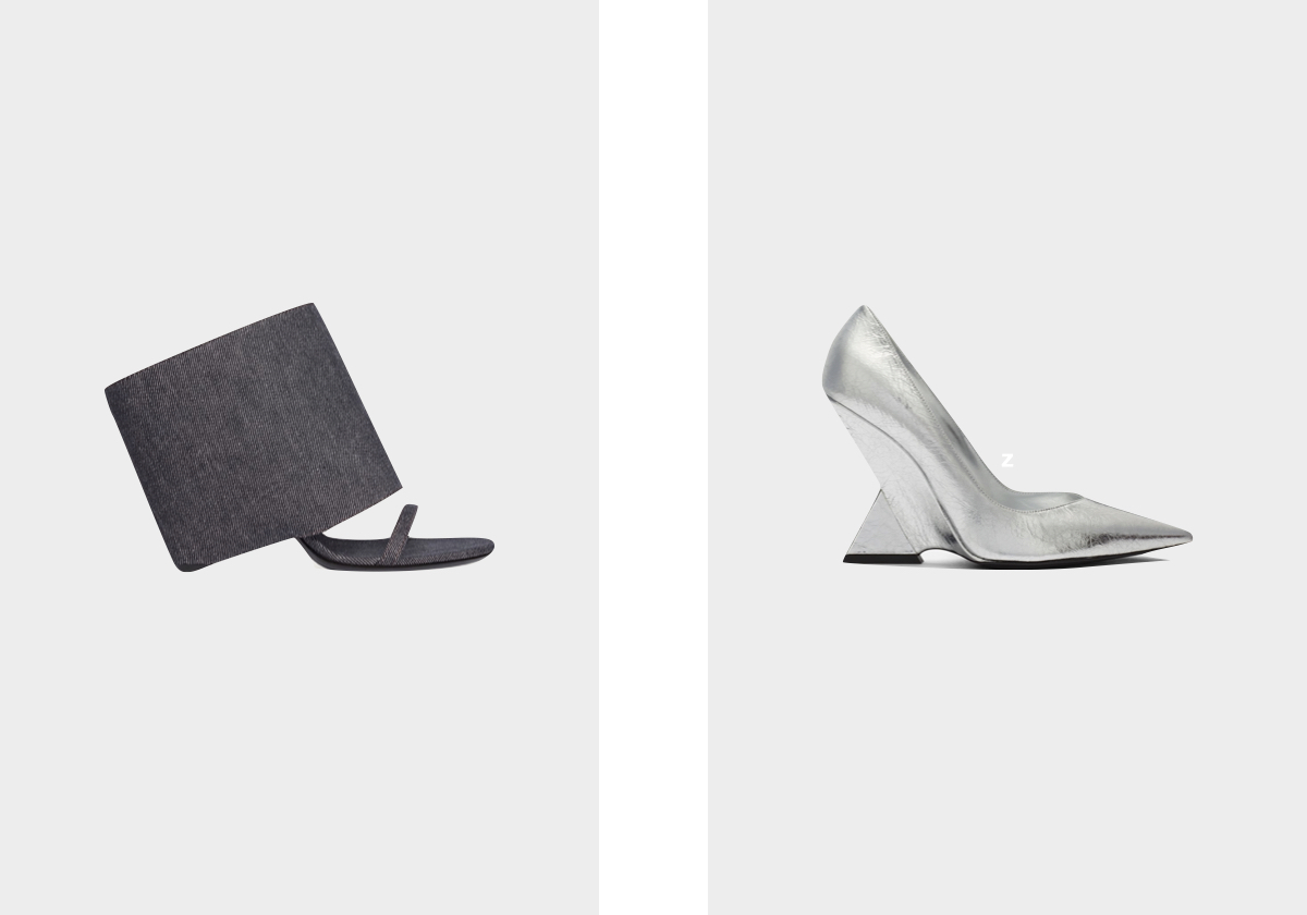 Sandálias Oblique em denim, € 790, Courrèges; sapatos Cheope em pele, € 850, The Attico.