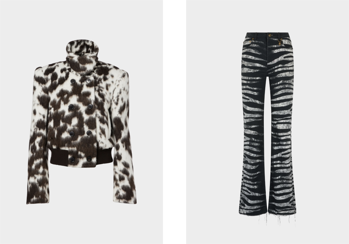 Casaco em lã, € 1.495, Dries Van Noten, em mytheresa.com; Calças em algodão, € 995, Roberto Cavalli.