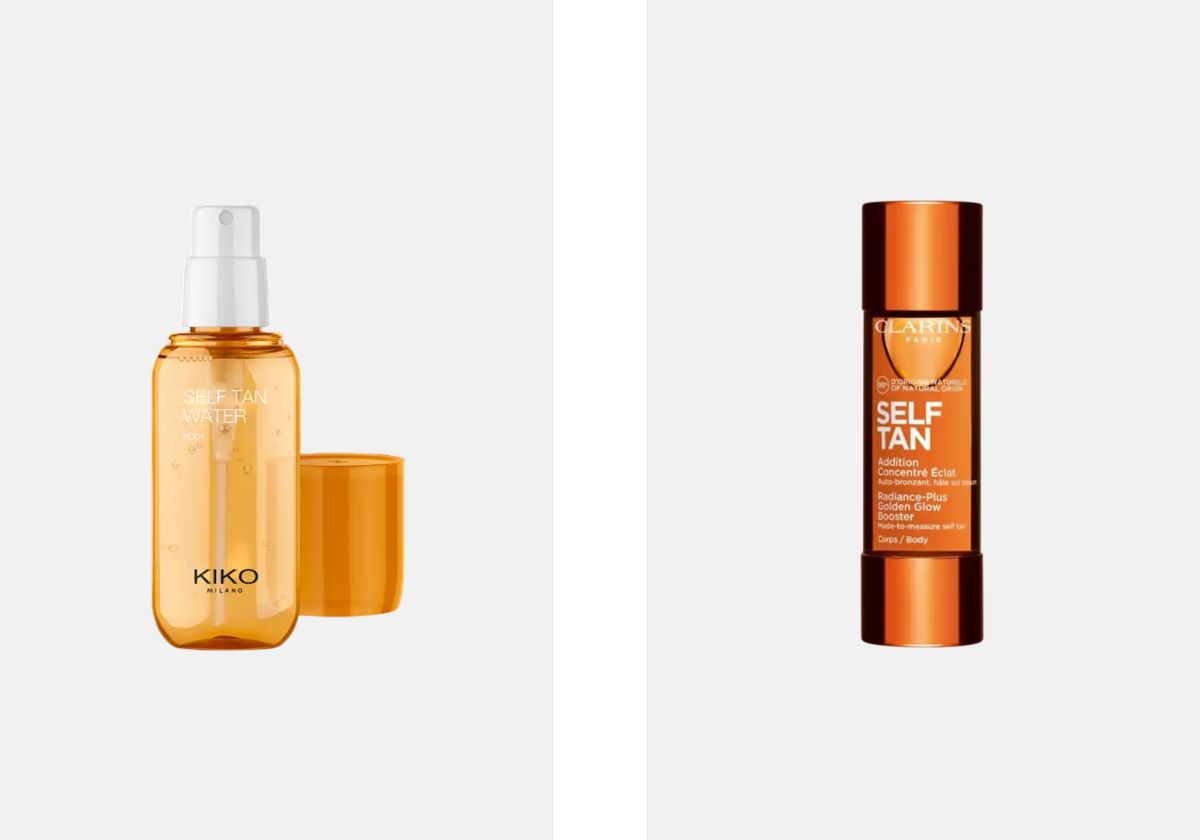 À esquerda: Spray autobronzeador e hidratante com ácido hialurónico, €17,99, Kiko Milano. À direita: Autobronzeador hidratante Addition Concentré Éclat, €48,08, Clarins, na Wells.