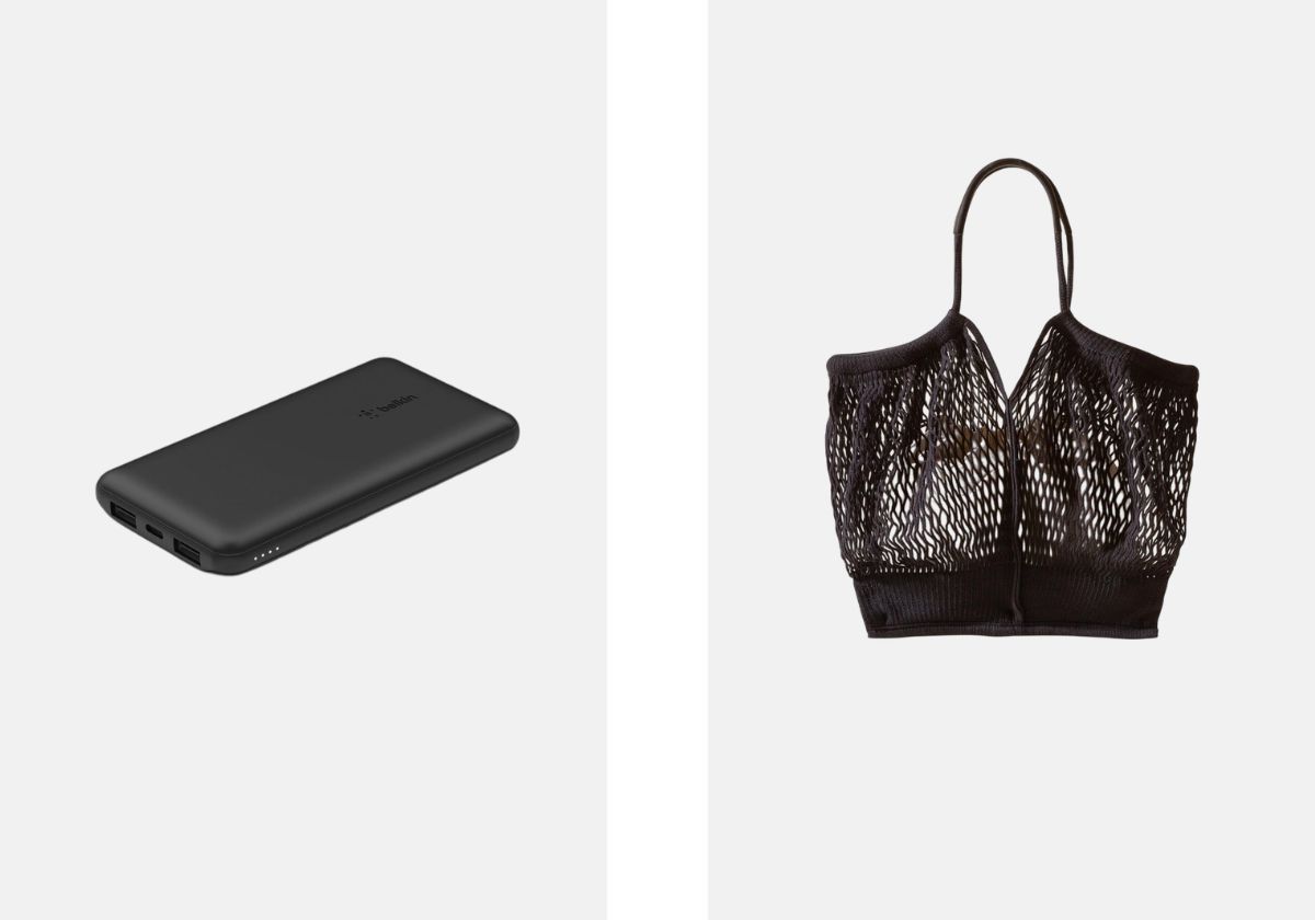 À esquerda: Powerbank de 3 portas 10K + Cabo USB-A a USB-C, €49,99, Belkin, no El Corte Inglés. À direita: Carteira Calella, €290, Hereu.