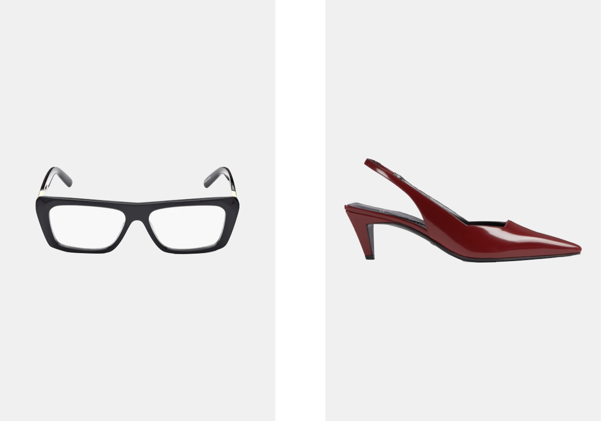 Óculos em acetato, € 160, GCDS; Slingbacks em pele, € 750, Gucci