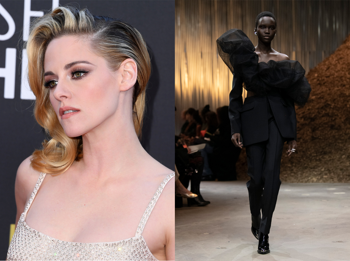 À direita: Kristen Stewart © Getty Images | À esquerda: Alexander McQueen, outono/inverno 2022 © ImaxTree