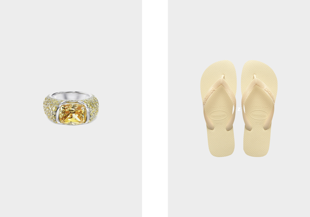 Anel Sparkle Butter, € 467,95, Natkina; Sandálias Top Senses, € 23,99, Havaianas.