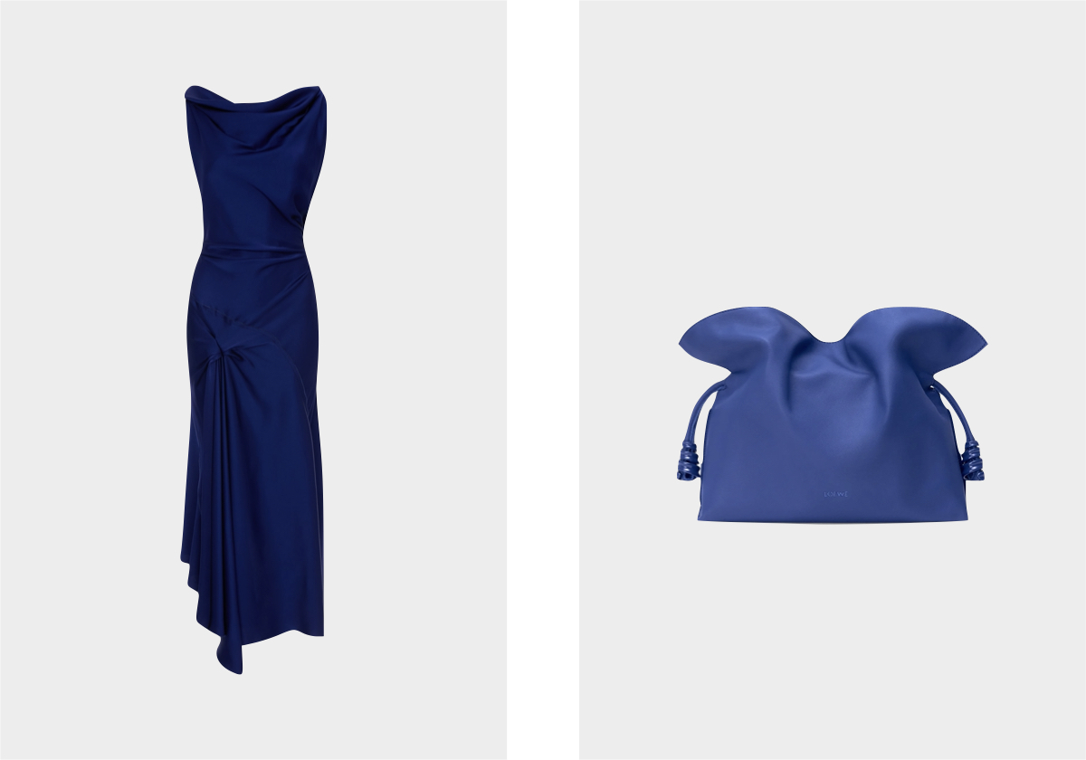 Vestido Posy em seda, € 1, Victoria Beckham; carteira Medium Coil Flamenco em pele, € 3.200, Loewe.