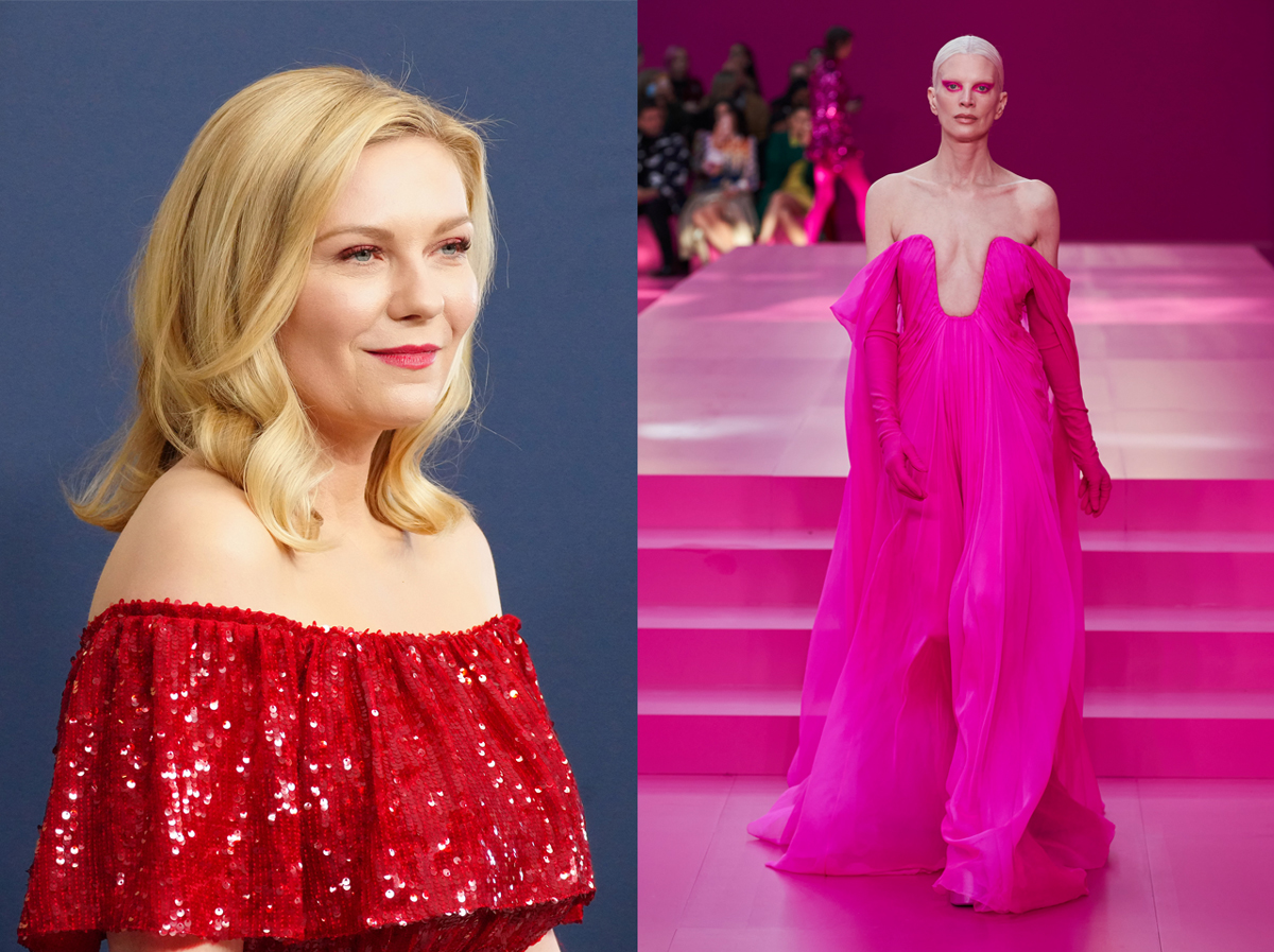 À direita: Kirsten Dunst © Getty Images | À esquerda: Valentino, outono/inverno 2022 © ImaxTree