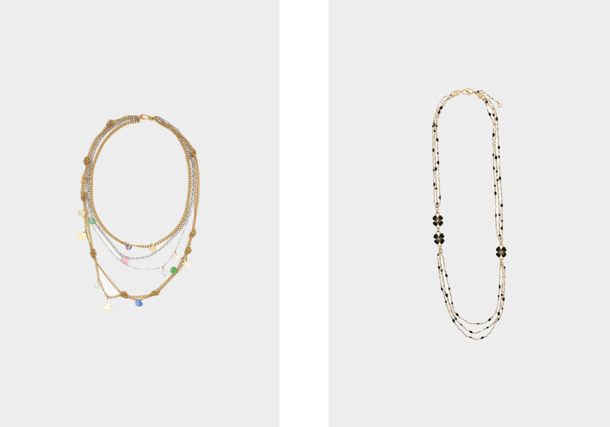 Sol dourado, € 85, Bimba Y Lola; Trèfle em ouro amarelo, € 1.840, Goossens em farfetch.com.