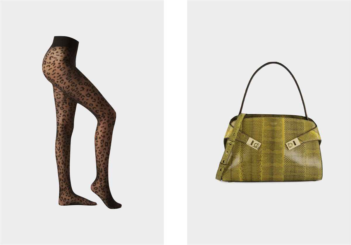 Collants Animalier Den 30, € 12,95, Calzedonia; carteira Ginger Hug Small Ayers, € 3.500, Ferragamo, em fashionclinic.com.