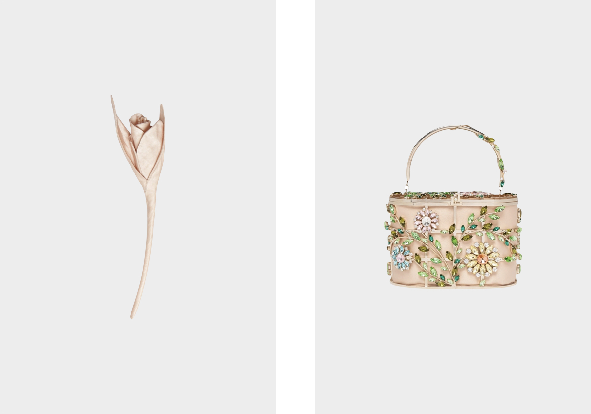 Alfinete-de-dama em cetim, preço sob consulta, Erdem; Carteira Holli, € 1.530, Rosantica.