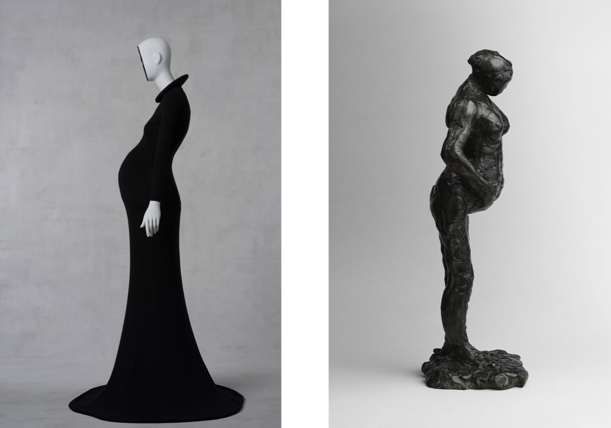 Esquerda: Vestido Pregnancy da coleção FW86-87, Georgina Godley. Edição 2025; Aquisição, Fundo Isabel Shults. Direita: Mulher Grávida, Edgar Degas. Coleção H.O. Havemeyer, Legado da Sra. H.O. Havemeyer, 1929.