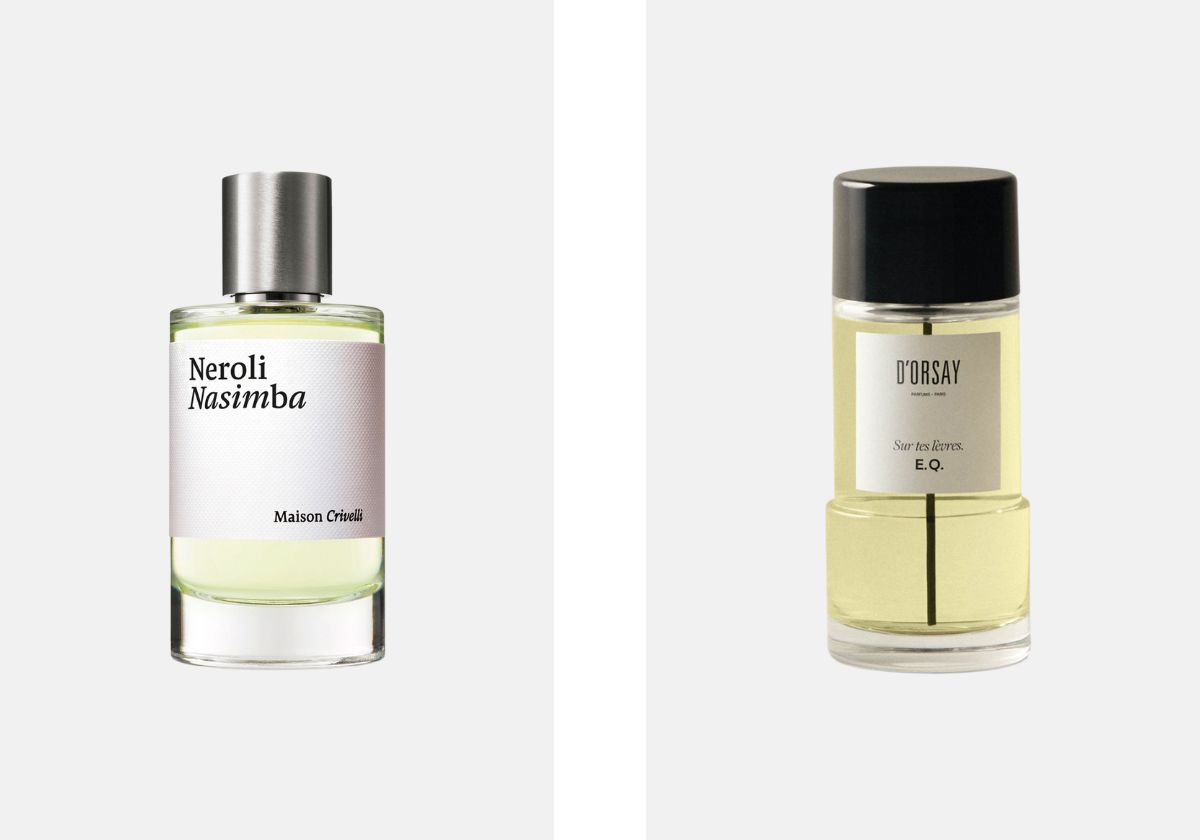 Eau de Parfum Neroli Nasimba 100ml, € 190, Maison Crivelli, na SKINLIFE; Eau de Parfum Sur tes lèvres. E.Q. 90ml, €180, Maison d'Orsay.