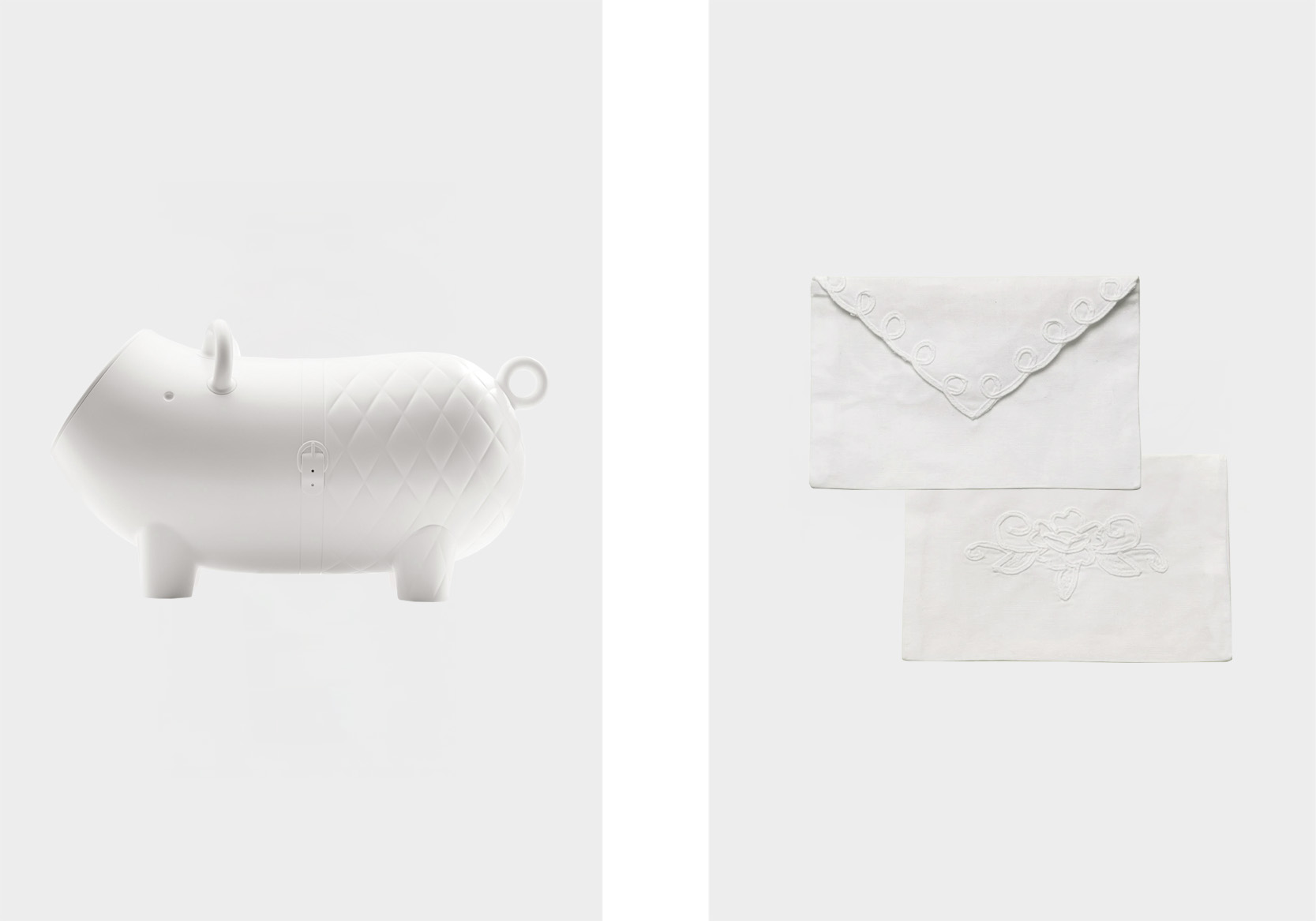 Acessório de arrumação Hausschwein, € 199,95, Cybex, em Cybex-online.com; par de envelopes bordados, € 27,95, Gohar World, em Gohar.world.