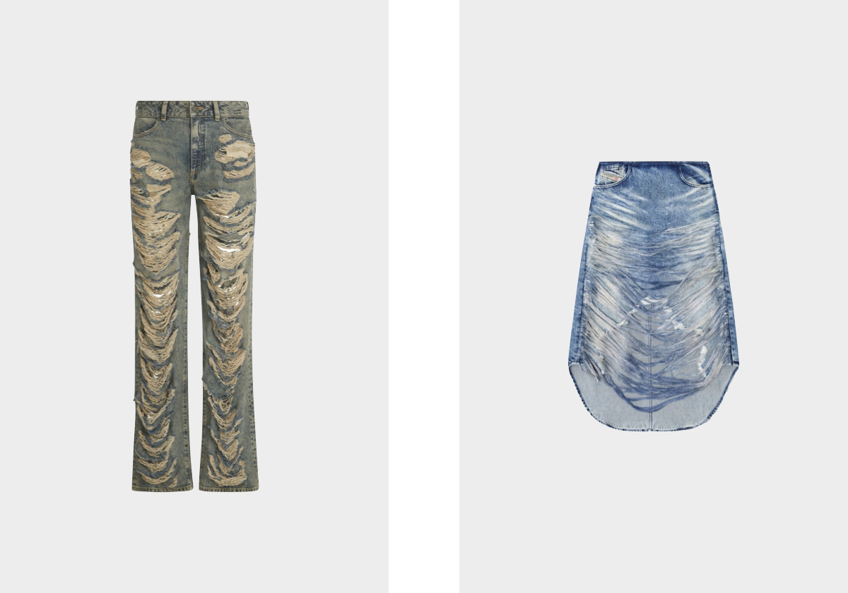 Calças em denim, € 400, Guess U.S.A.; Saia de plumy fsg, € 850, Diesel.