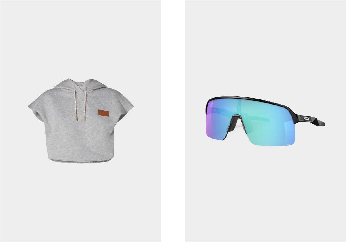 Sweatshirt em algodão, € 890, Fendi; óculos de sol Sutro, € 188, Oakley.